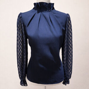 Romantic Gothic Lace Sleeve Blouse Navy Dark Academia Victorian Inspired Top S